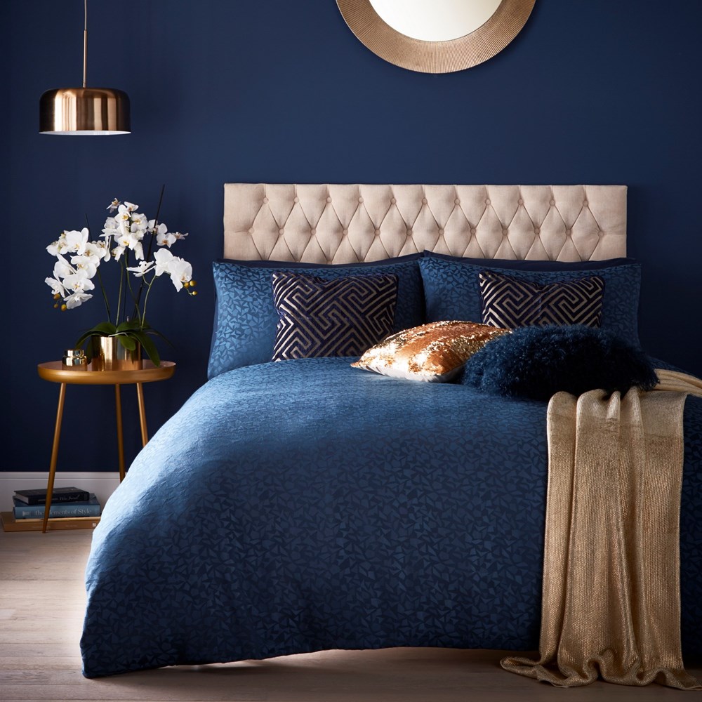 Topaz Geometric Jacquard Bedding By Tess Daly in Midnight Blue